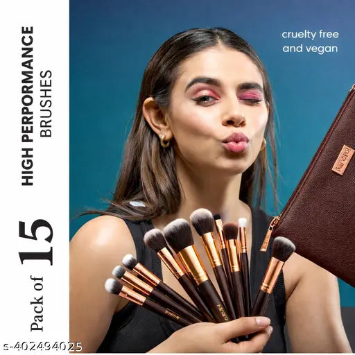 Professional Makeup Brush Applicator Set of 15pcs with Premium Leather Pouch (Brown Colour)