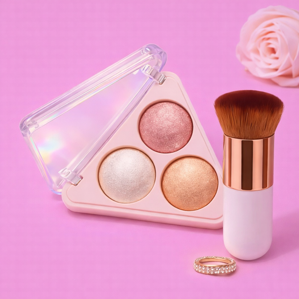 Face Highlighter Palette with Brush | Pearl Rose Gold Glow Kit 3 in 1