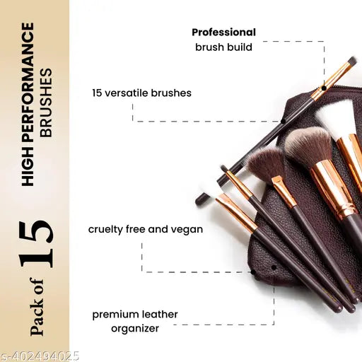 Professional Makeup Brush Applicator Set of 15pcs with Premium Leather Pouch (Brown Colour)