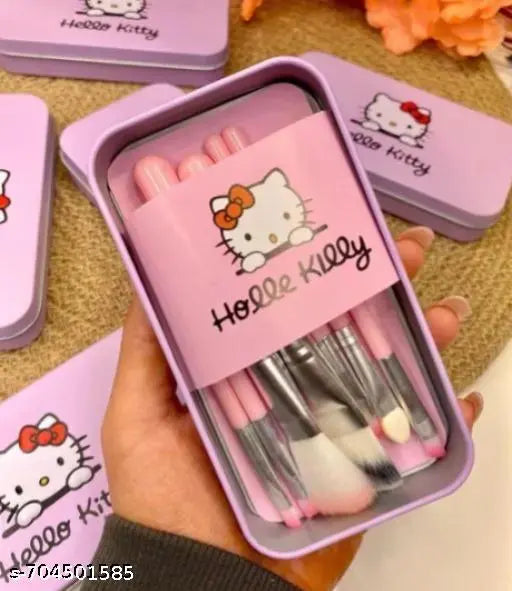 HELLO KITTY PINK BRUSHES SET 7pc Makeup Brush Set in Travel-Friendly BoxX Soft Bristle Makeup Mini Brush Kit With Hello Kitty Print Storage boxxxx Blender | Makeup Blending Brushes Set of 7 - Pink
