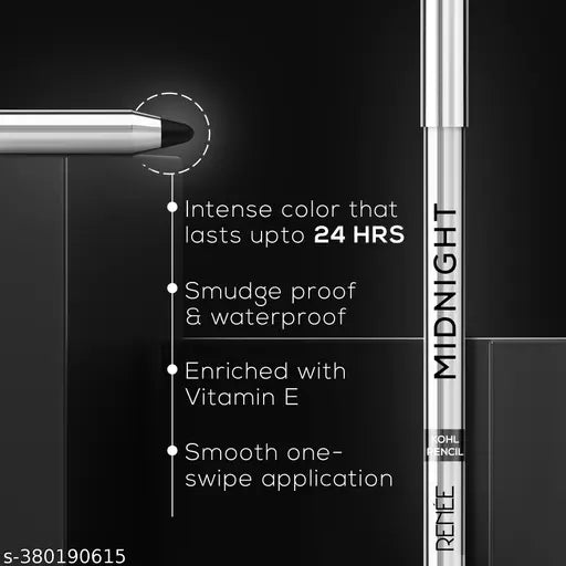 RENEE Midnight Kohl Pencil - Darkest black - One-Swipe-Application with rich color Payoff - Smudgeproof and waterproof - Enriched with Vitamin E, Olive Oil and Castor Oil - 1.5 Gm